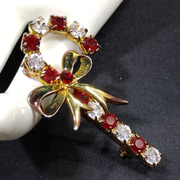 Eisenberg Ice Candy Cane Brooch, Red Clear Rhinestones, Vintage Jewelry - Picture 9 of 10